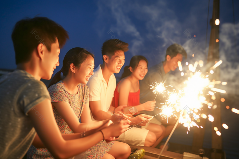 夜晚玩烟花的男女青年,高清,摄影图,摄影图片,图片大全,摄影图免费下载